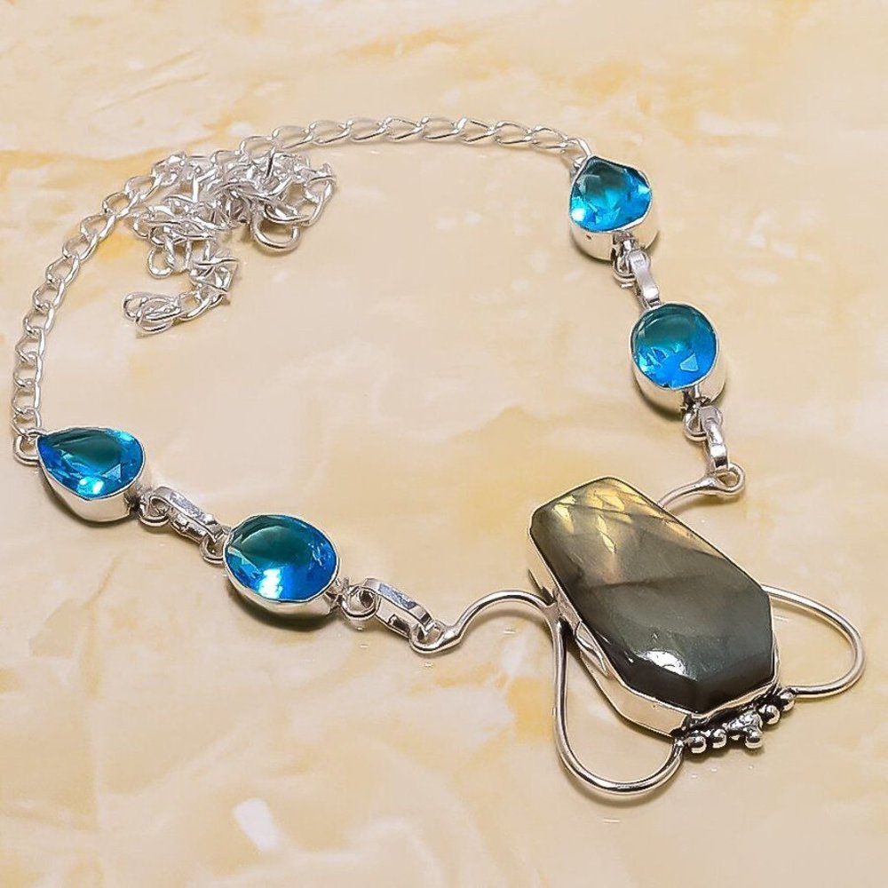 Handmade 925 Stamped Labradorite, & Blue Topaz Gemstones Necklace 18''